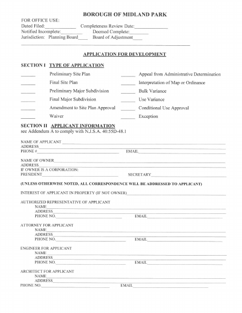 First page of the Application for Development