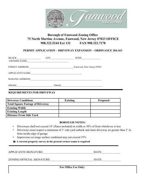 First page of the Permit Application – Driveway Expansion – Ordinance 184-163
