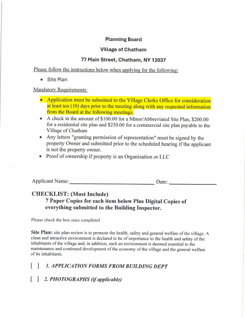 First page of the Site Plan Review Application
