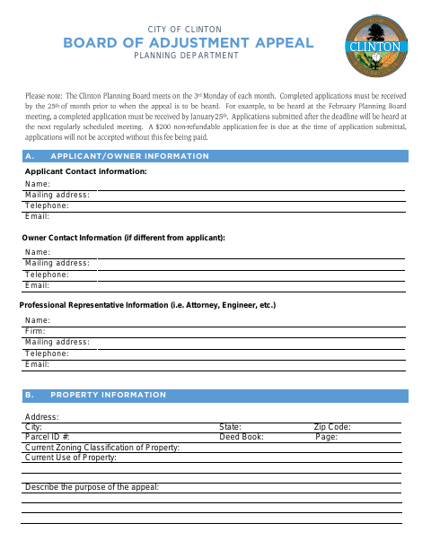First page of the Board of Adjustment Appeal