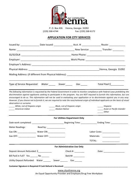 First page of the Application for City Services