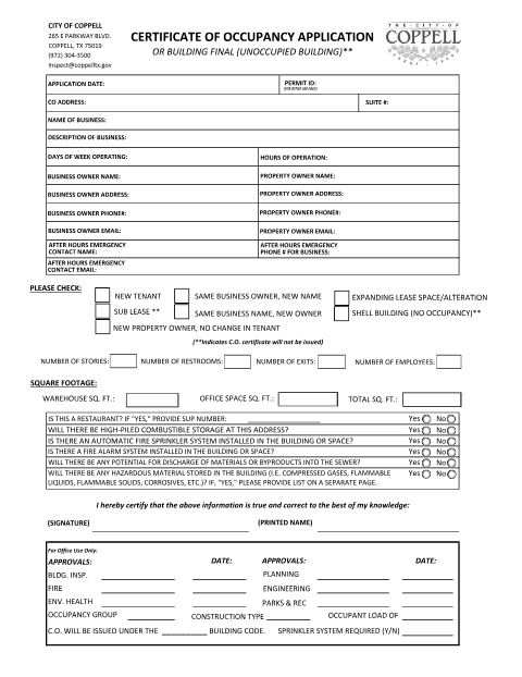 First page of the Application for Certificate of Occupancy