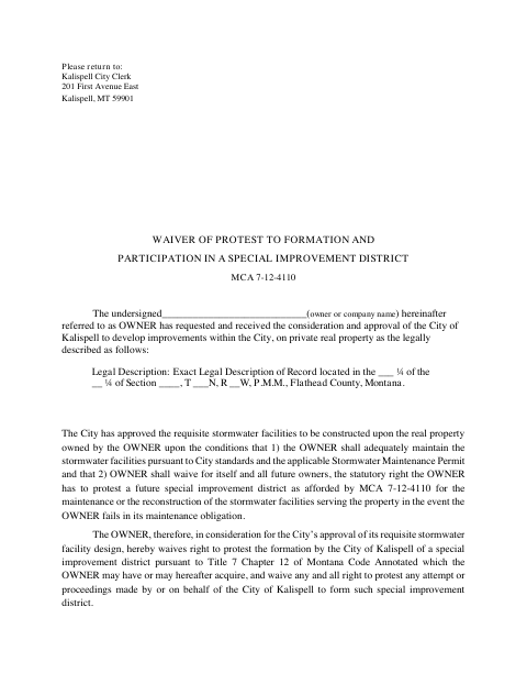 First page of the Special Improvement District Protest Waiver