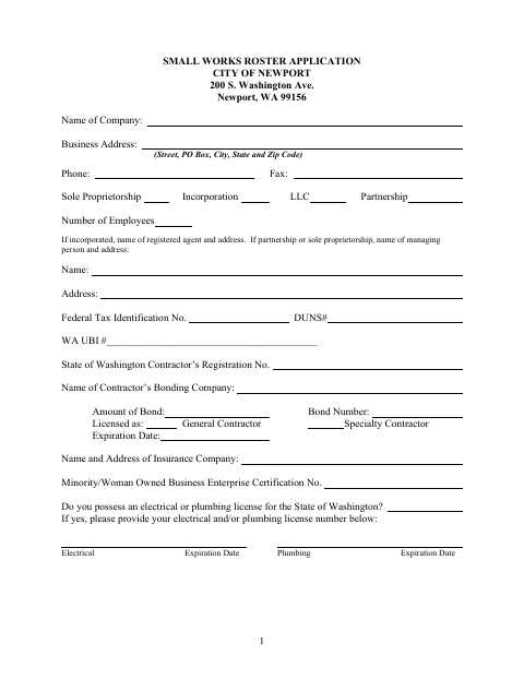 First page of the Small Works Roster Application