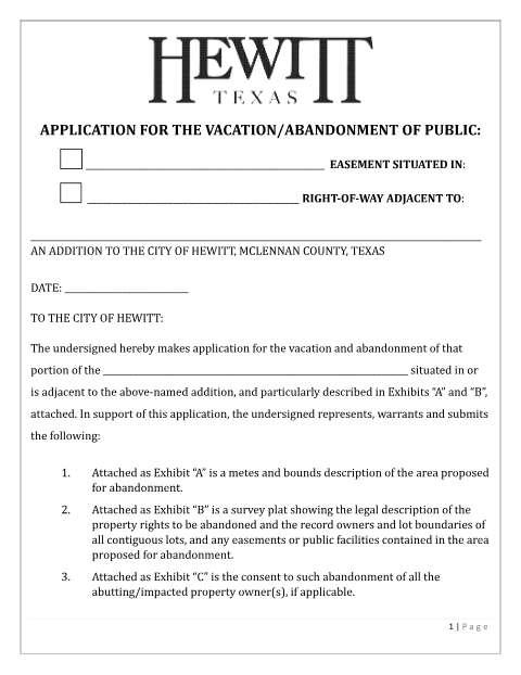 First page of the Application for Abandonment of Right of Way