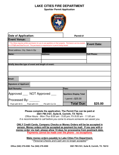 First page of the Handheld Sparkler Permit Application