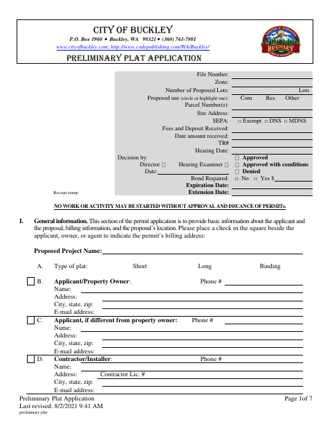 First page of the Preliminary Plat Application