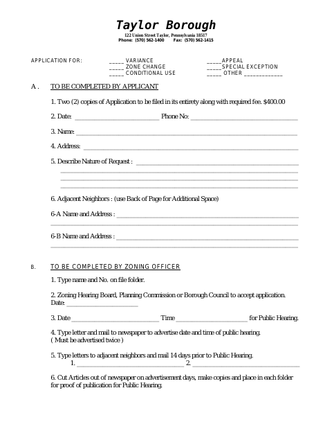 First page of the Zoning Variance and Appeal Application