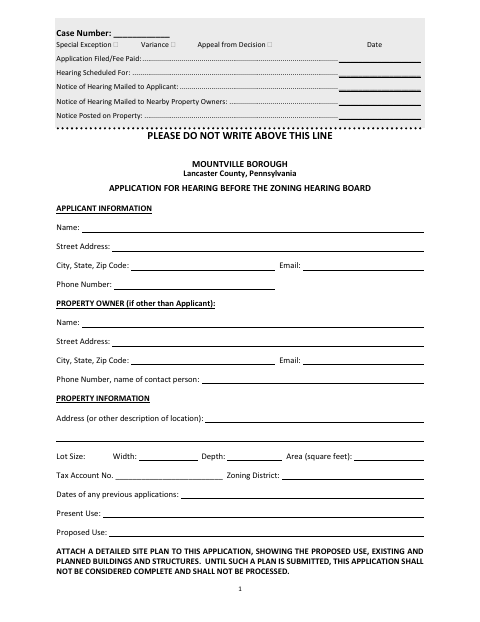First page of the Application for Hearing Before the Zoning Hearing Board