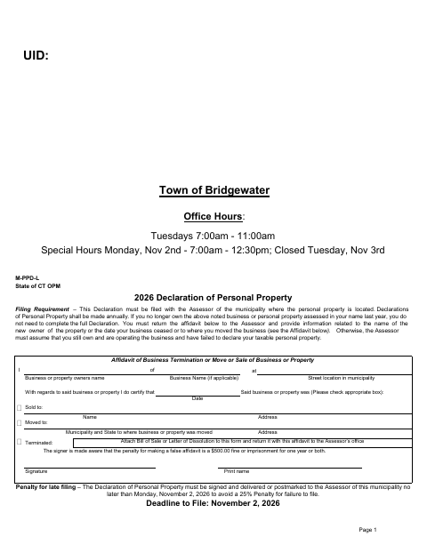 First page of the Declaration of Personal Property