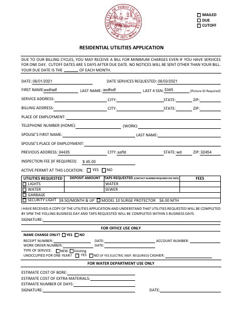 First page of the Residential Utilities Application
