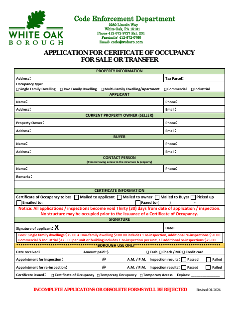 First page of the Application for Certificate of Occupancy for Sale or Transfer