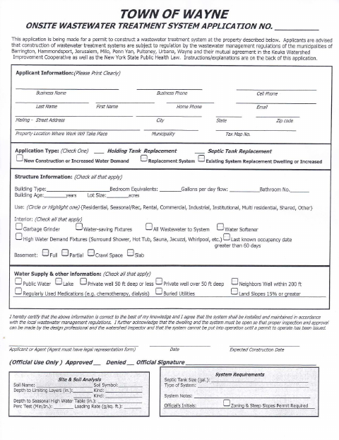 First page of the Onsite Wastewater Treatment System Application