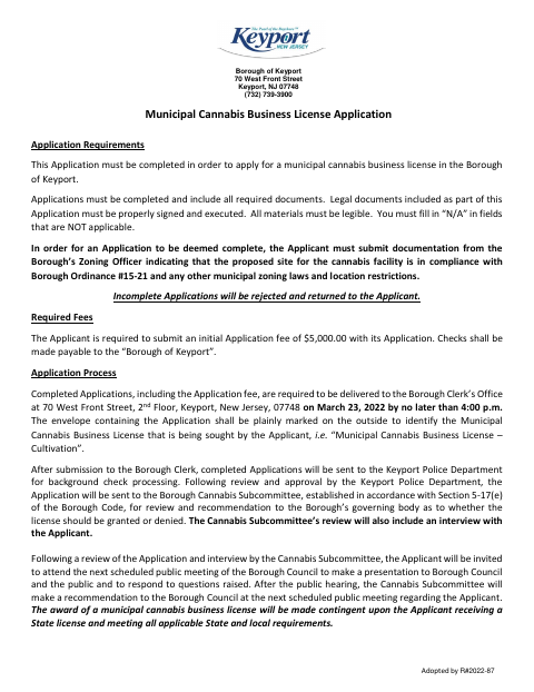 First page of the Municipal Cannabis Business License Application