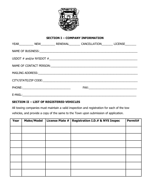 First page of the Towing Application
