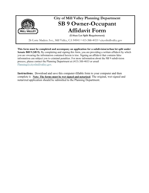 First page of the SB 9 Owner-Occupant Affidavit