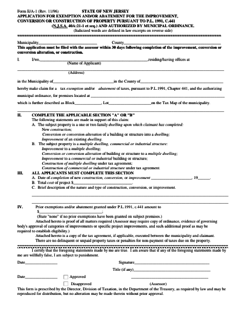 First page of the Application for Exemption and/or Abatement for the Improvement, Conversion or Construction of Property