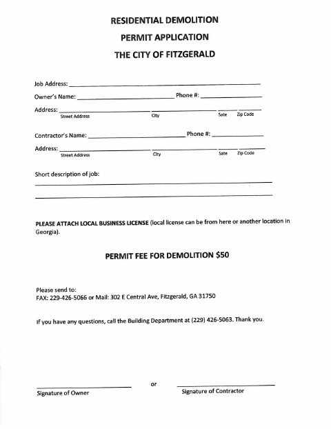 First page of the Residential Demolition Permit Application