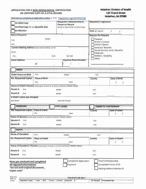 First page of the Application for a Non-Genealogical Certification or Certified Copy of a Vital Record