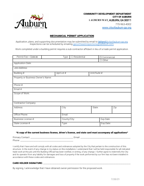 First page of the Mechanical Permit Application