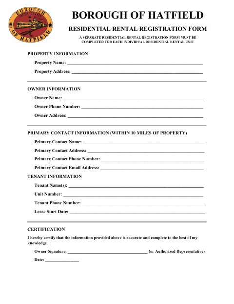 First page of the Residential Rental Registration Form