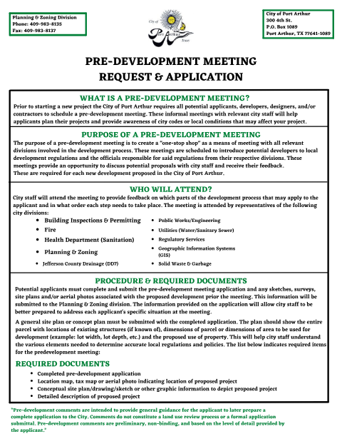 First page of the Pre-Development Meeting Request & Application
