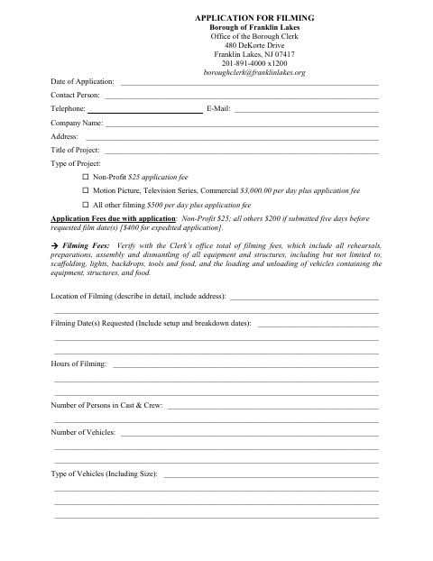 First page of the Application for Filming