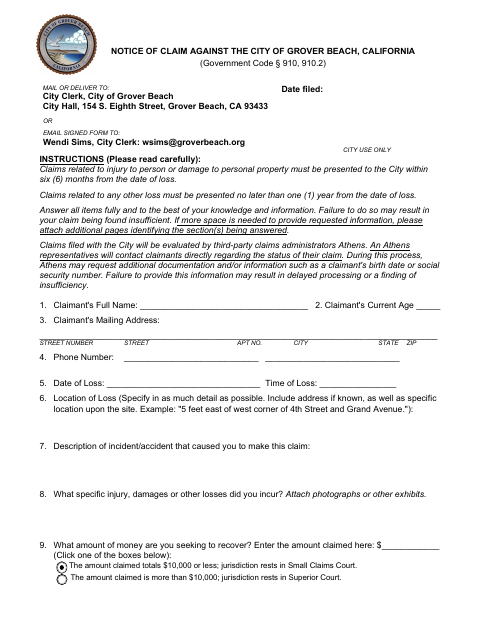 First page of the Claim Form