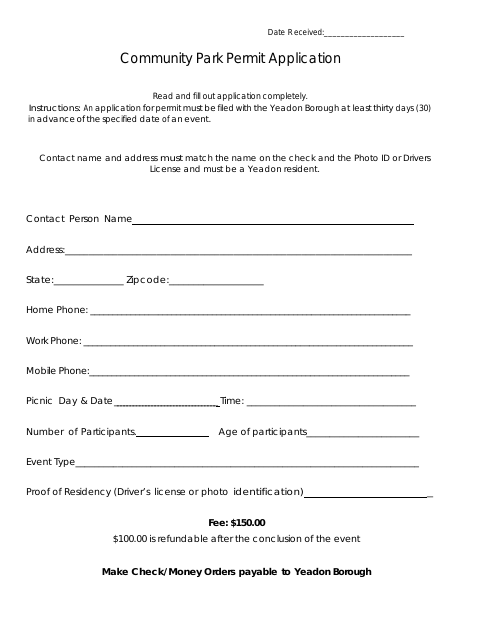 First page of the Community Park Permit Application