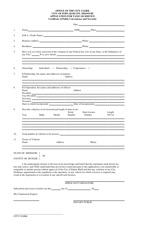 First page of the Application for Taxicab Service