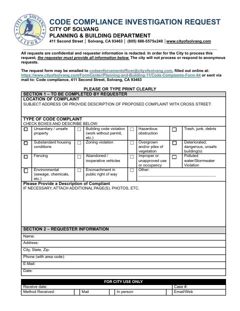 First page of the Code Compliance Investigation Request