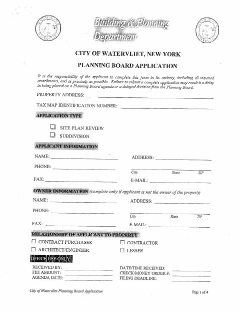 First page of the Planning Board Application