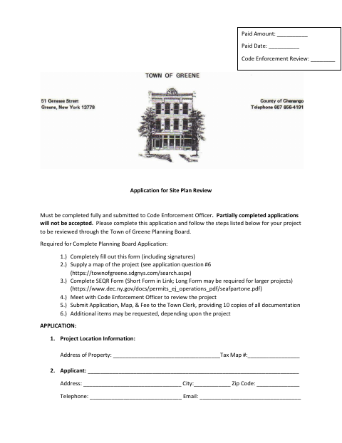 First page of the Application for Site Plan Review