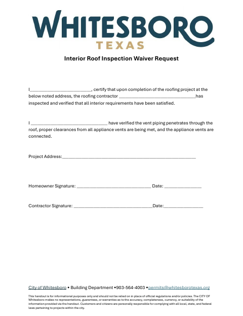 First page of the Interior Roof Inspection Waiver Request