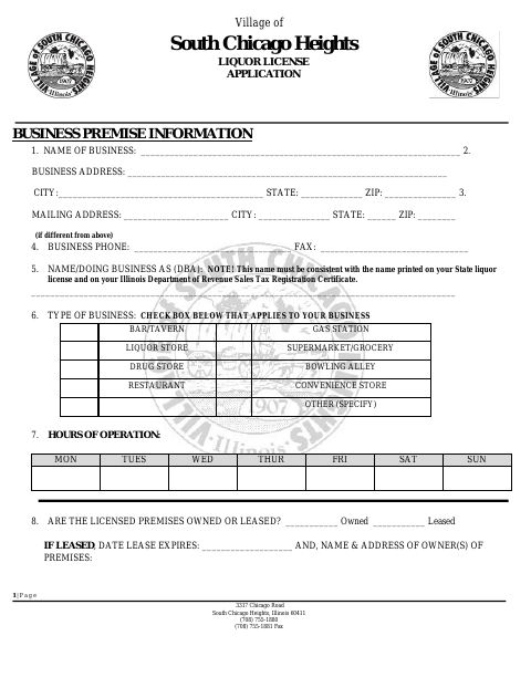 First page of the Liquor License Application