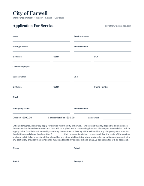 First page of the Water, Sewer, and Garbage Application for Service