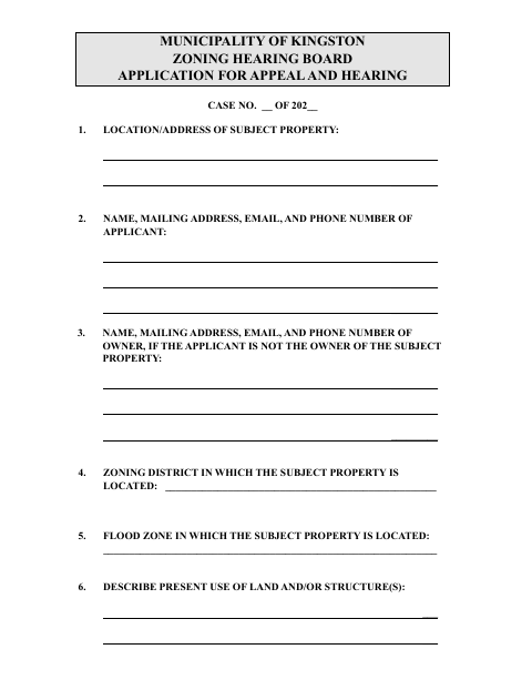 First page of the Zoning Hearing Board Application for Appeal and Hearing