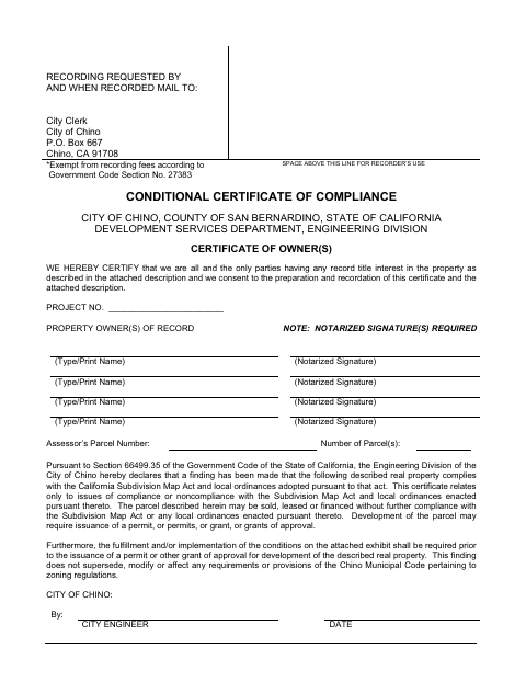 First page of the Conditional Certificate Of Compliance