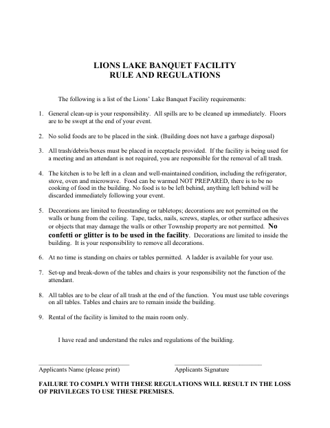 First page of the Lions Lake Banquet Facility Rules and Regulations