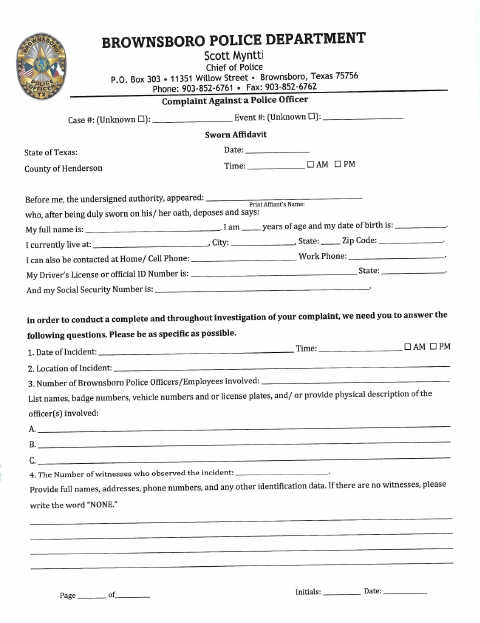 First page of the Complaint Against a Police Officer