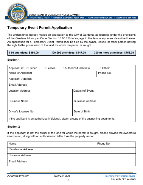 First page of the Temporary Event Permit Application