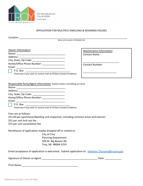 First page of the Multiple Dwelling and Rooming House Registration Application