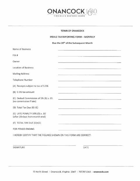 First page of the Meals Tax Reporting Form