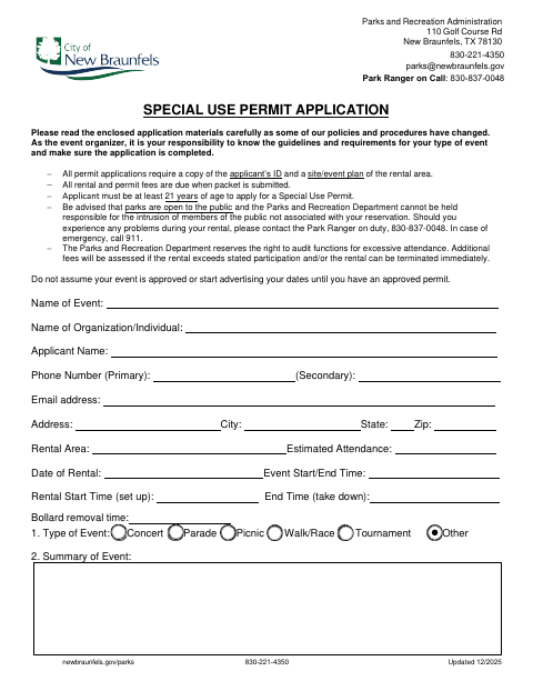 First page of the Special Use Permit Application