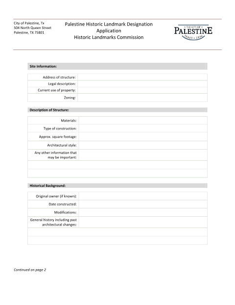 First page of the Historical Landmark Designation Application