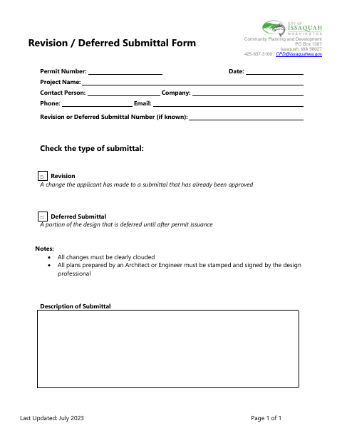 First page of the Revision / Deferred Submittal Form