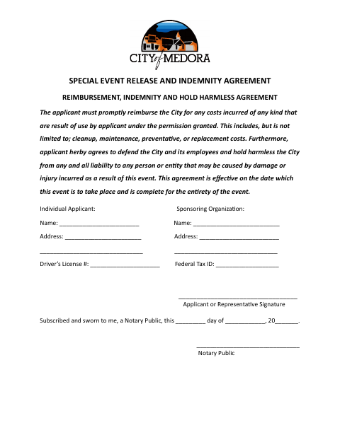 First page of the Special Event Release and Indemnity Agreement