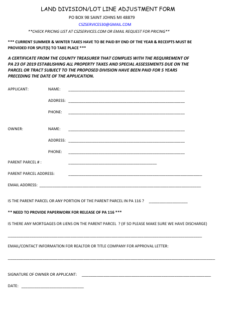 First page of the Land Division/Lot Line Adjustment Form