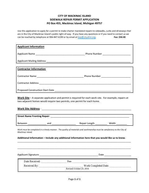 First page of the Sidewalk Repair Permit Application
