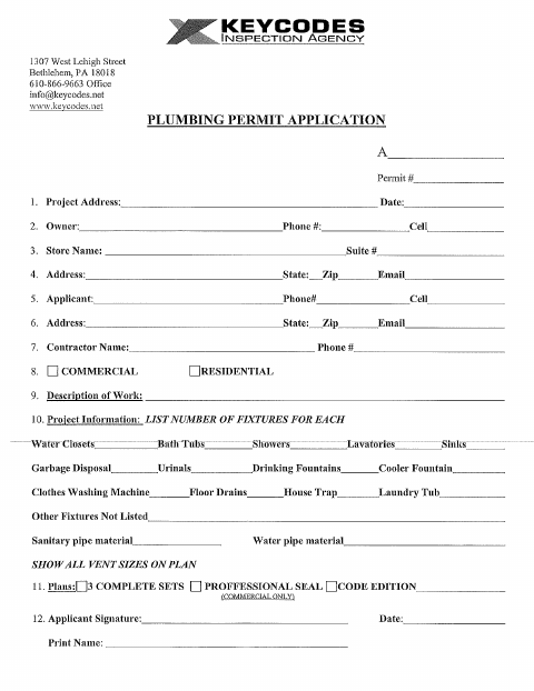 First page of the Plumbing Permit Application